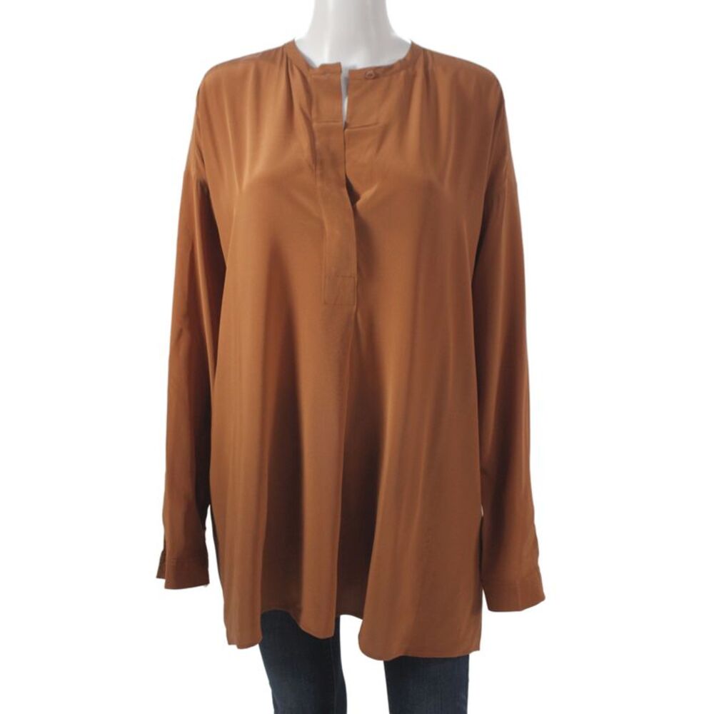 Vince Women Brown Silk Henley Tunic Button Long Sleeve Size M